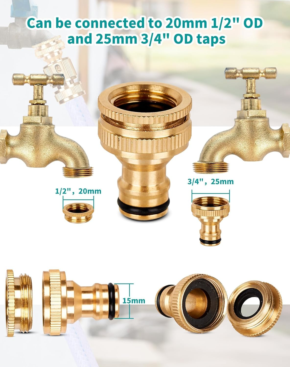 MLUOTALY Garden Hose Connector Kit, 1/2 Inch and 3/4 Inch Solid Brass Hose Tap Connectors, Tap Connector with Sealing Ring for Outdoor, Garden, Courtyard, Lawn (9Pack)
