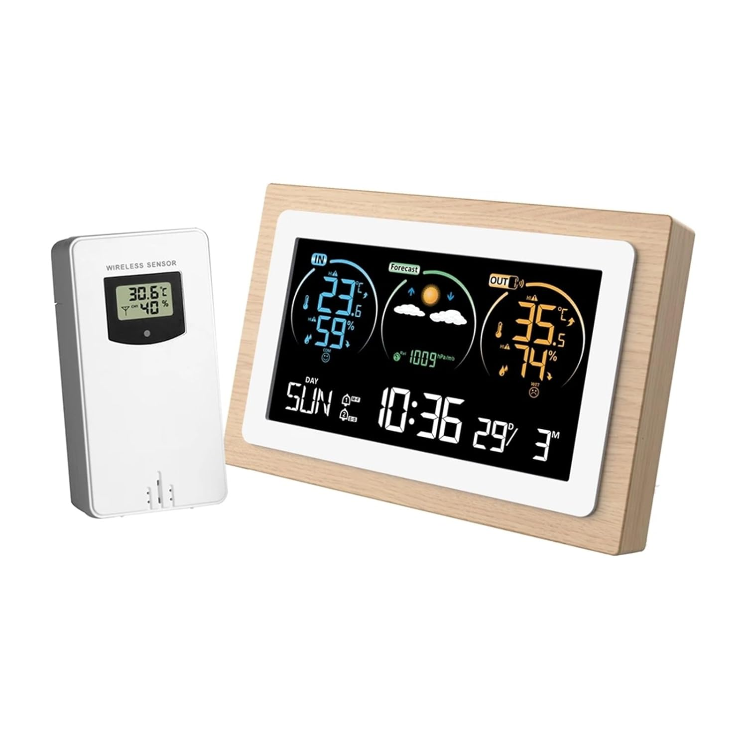 Digital VA Color Wood Weather Station Home Temperature Humidity Air Pressure Monitor Wall Alarm Clocks Wireless Forecast Sensor