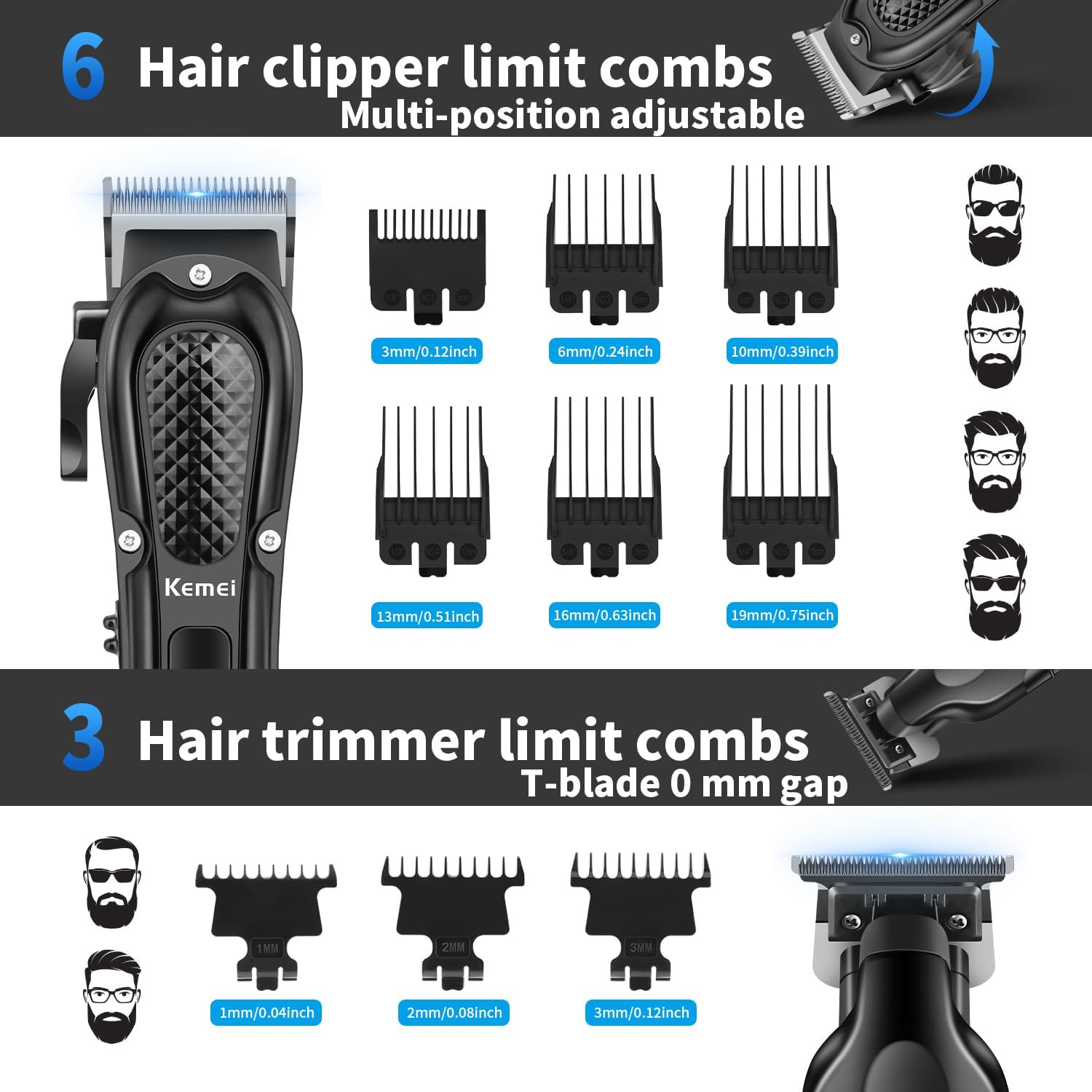 KEMEI Professional Hair Clippers for Men, Cordless Barber Clipper T-Blade Beard Trimmer Foil Shaver Set, Rechargeable Electric Fade Clipper Hair Cutting Kit, KM-1071, KM-2299, KM-2024 image number 2