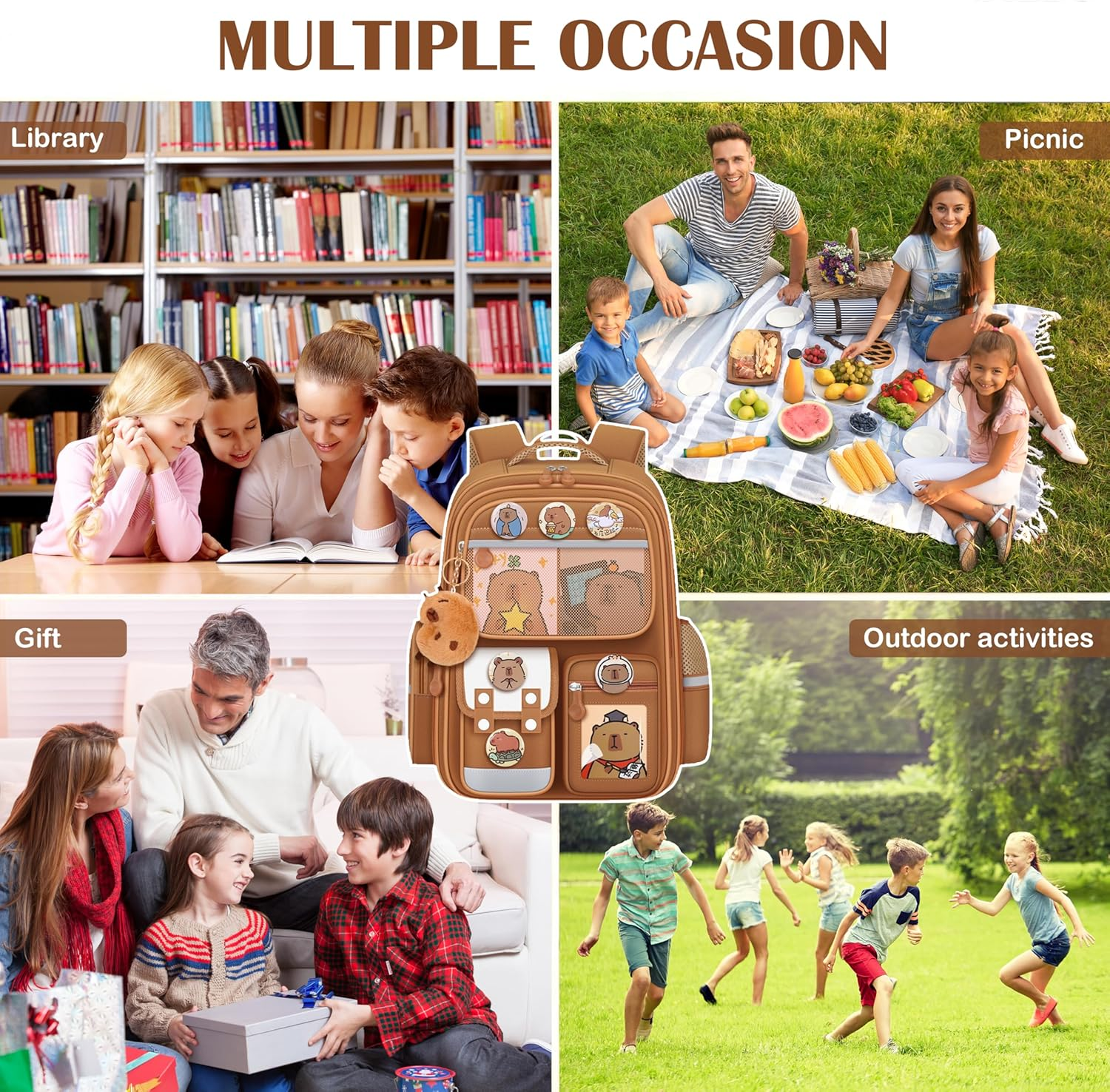 DHUENIOPE Cute Capybara Backpack with Chic Case and More Pins Ita Bag Cartoon Laptop Travel Utility Funny Going Out Casual Bag(Khaki), Brown, Large, Cute image number 5