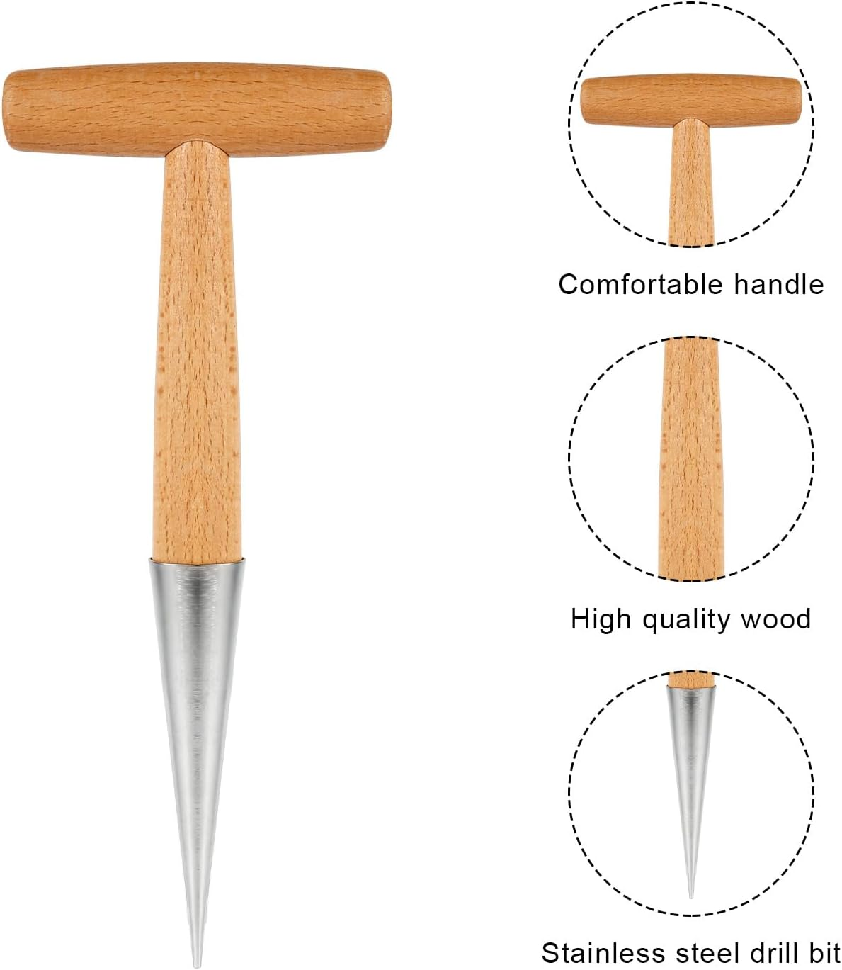 XIHIRCD Hand Dibber with Wooden Handle, Dibbler Gardening Tool Stainless Steel Head Hole Punch Hand Held Bulb Planter Solid Garden Sow Dibbler for Planting Seeds Flowers Tulips Daffodils Dahlias image number 6