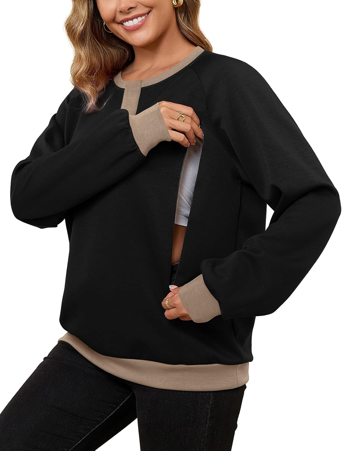 Bhome Nursing Sweatshirt Maternity Breastfeeding Shirts Hidden Zipper Long Sleeve Nursing Tops Loose Fit with Pockets