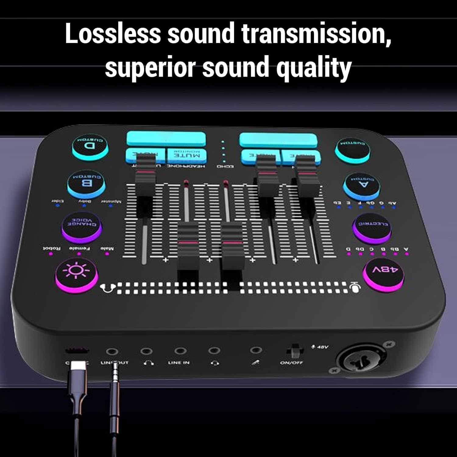 Gaming Audio Mixer, Streaming RGB PC Mixer, with 48V Phantom Power, BT, Individual Control, Volume Fader, Mute Button, for Podcast, Recording image number 6
