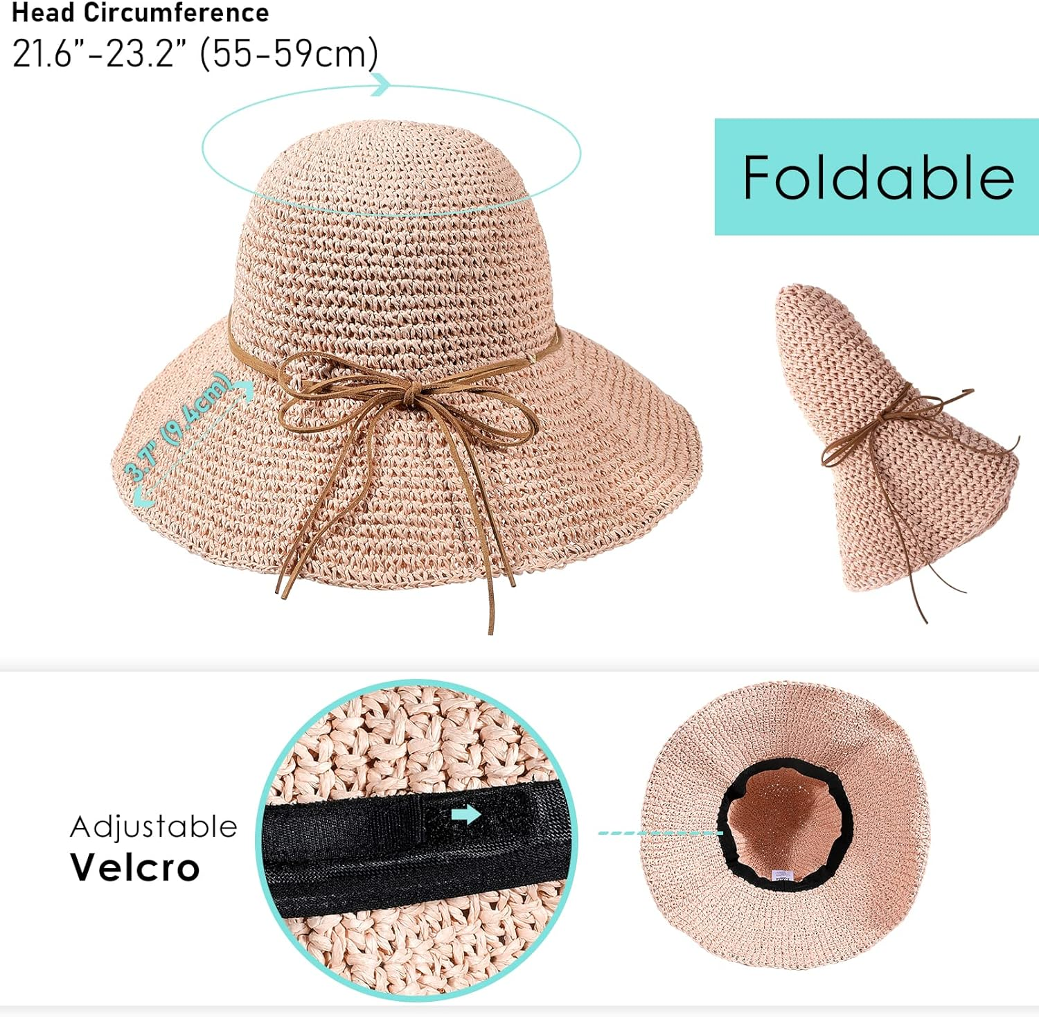 Women'S Foldable Sun Hat Wide Brim UPF 50+ Braided Summer Straw Floppy Beach Hat