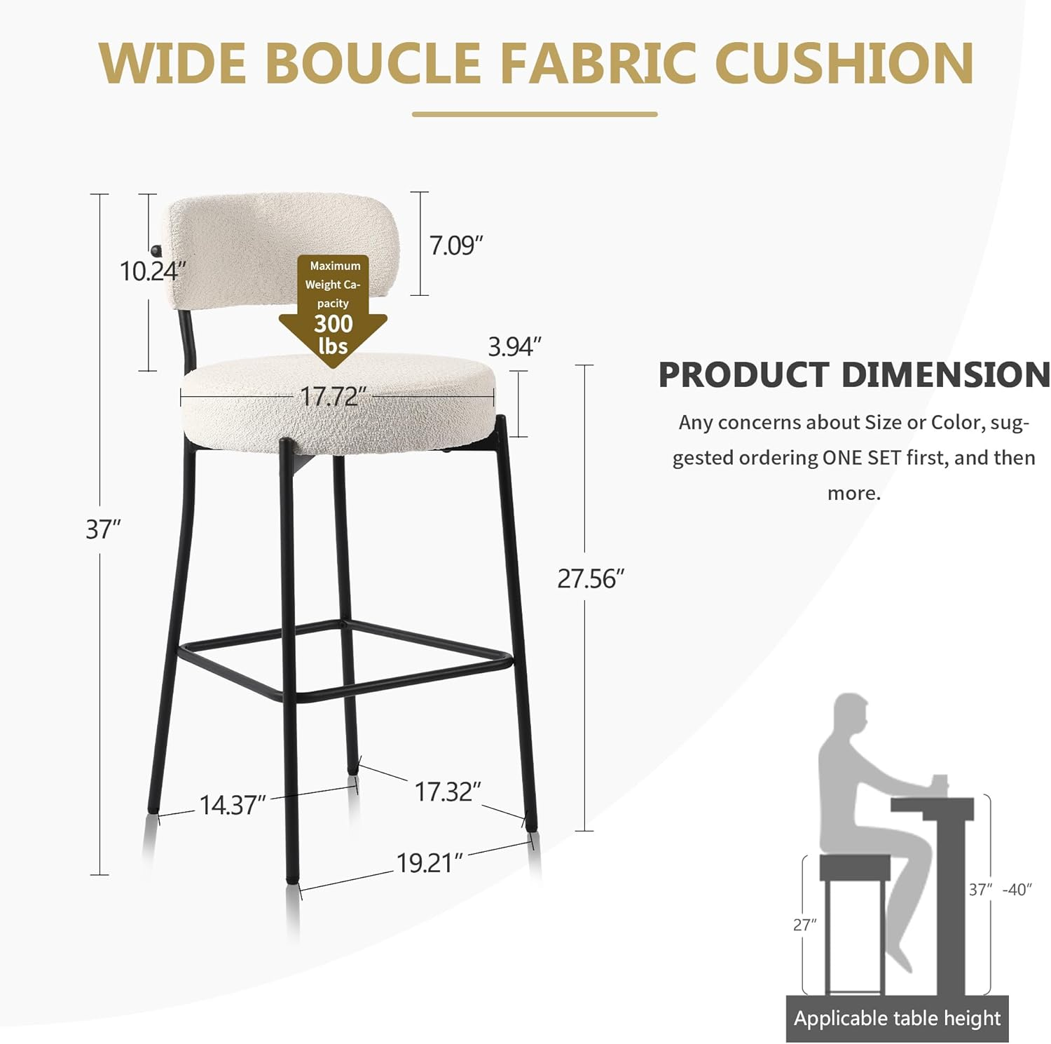 Bar Stools Set of 2, 70Cm Counter Height Bar Stools with Back, Upholstered Boucle Fabric, Modern Kitchen Island Stools for Counter, Breakfast Nook, Home & Cafe, White image number 7