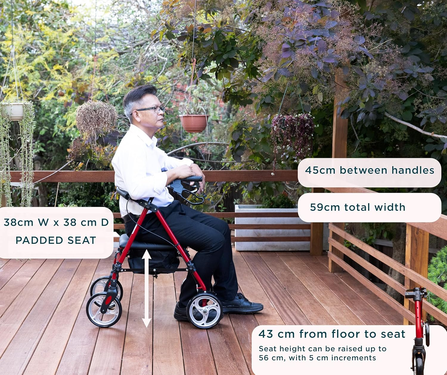 Australia Rollator| Classic 4 Wheel Walkers with Seat and Brakes for Seniors, Rollator Walker with Seat, Backrest, Basket, Large Wheels- Easy Folding Senior Walker Lightweight Mobility Walking Aid, Support up to 136 Kg R3 BL (RED) - Red image number 6