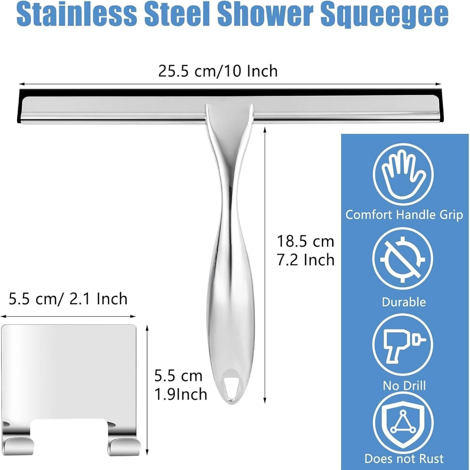 Stainless Steel Shower Squeegee - Streak-Free Glass Wiper for Bathroom Shower Doors, Windows & Mirrors | Durable Cleaner with Hook for Aussie Homes(25Cm Wide)