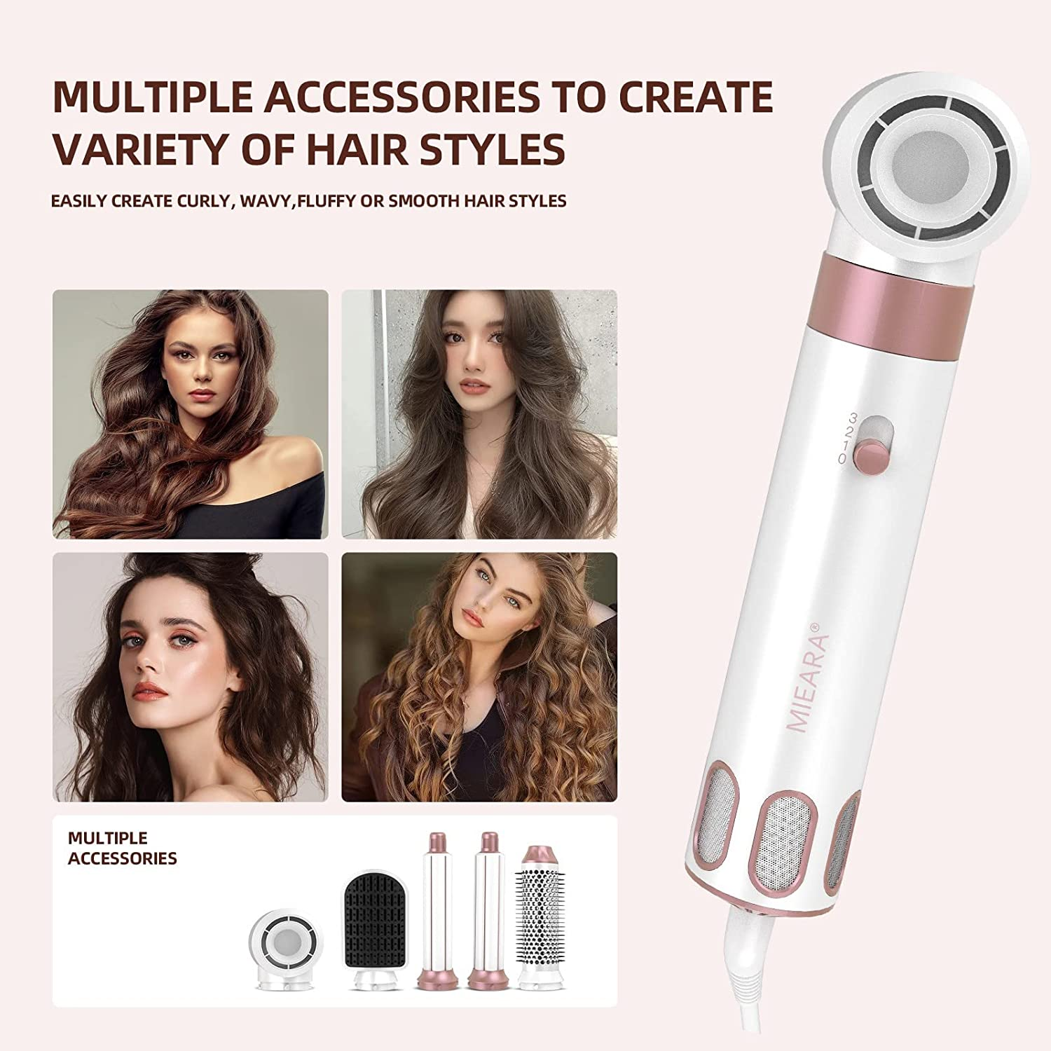 MIEARA 5 in 1 Hot Air Styler, Hair Dryer Brush, Negative Ionic High-Speed Hair Styler, Hot Air Brush for Volumizing, Drying and Rotating (White) image number 3