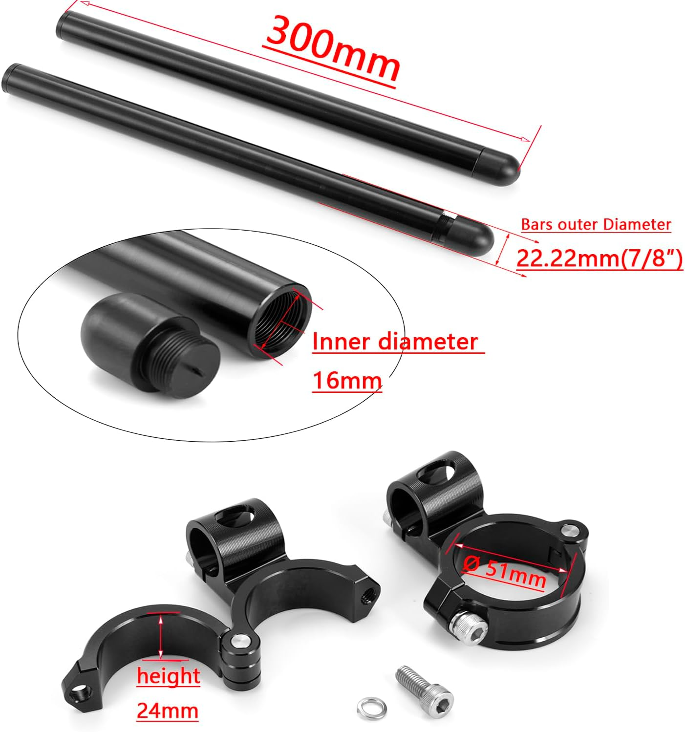 33/35/36/37/41/43/50/51 CNC Motorcycle Handle Bars Aluminum Fork Tube Clip-Ons Cafe Racer Handlebar Replaceable Fit for Kawasaki Honda Suzuki Yamaha Ducati Aprilia 51MM Black image number 2