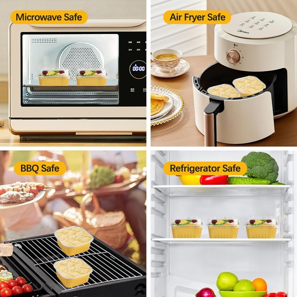 RETON 100 Pcs Mini Square Cake Pans with Lids and Sporks Stickers, 5Oz Aluminum Foil Ramekins Baking Cups, Individual Cupcake Containers for Brownies Dessert Party Wedding Birthday (Gold) image number 5