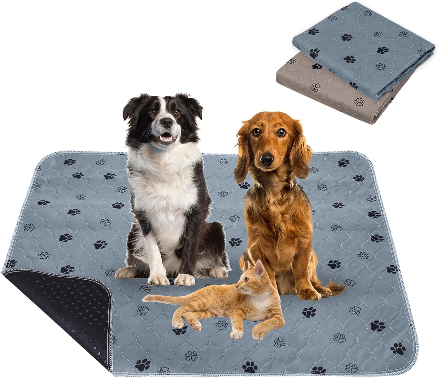 Pack of 2 90 X 120 Cm Puppy Pads Washable, Reusable Training Pads for Dogs, Non-Slip and Absorbent PIPI Pads for Guinea Pigs, Dogs, Cats and Rabbits, Dog Paw Pattern image number 3