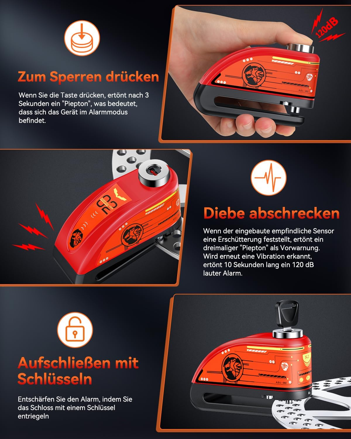 ZEXMTE Alarm Disc Lock Rechargeable Motorcycle Disc Brake Lock Alarm 120Db with 1.8M Reminder Cable Reinforced Waterproof High Security Disc Brake Lock for Motorcycle, Bike, Scooter, E-Bike, Red - Red image number 2