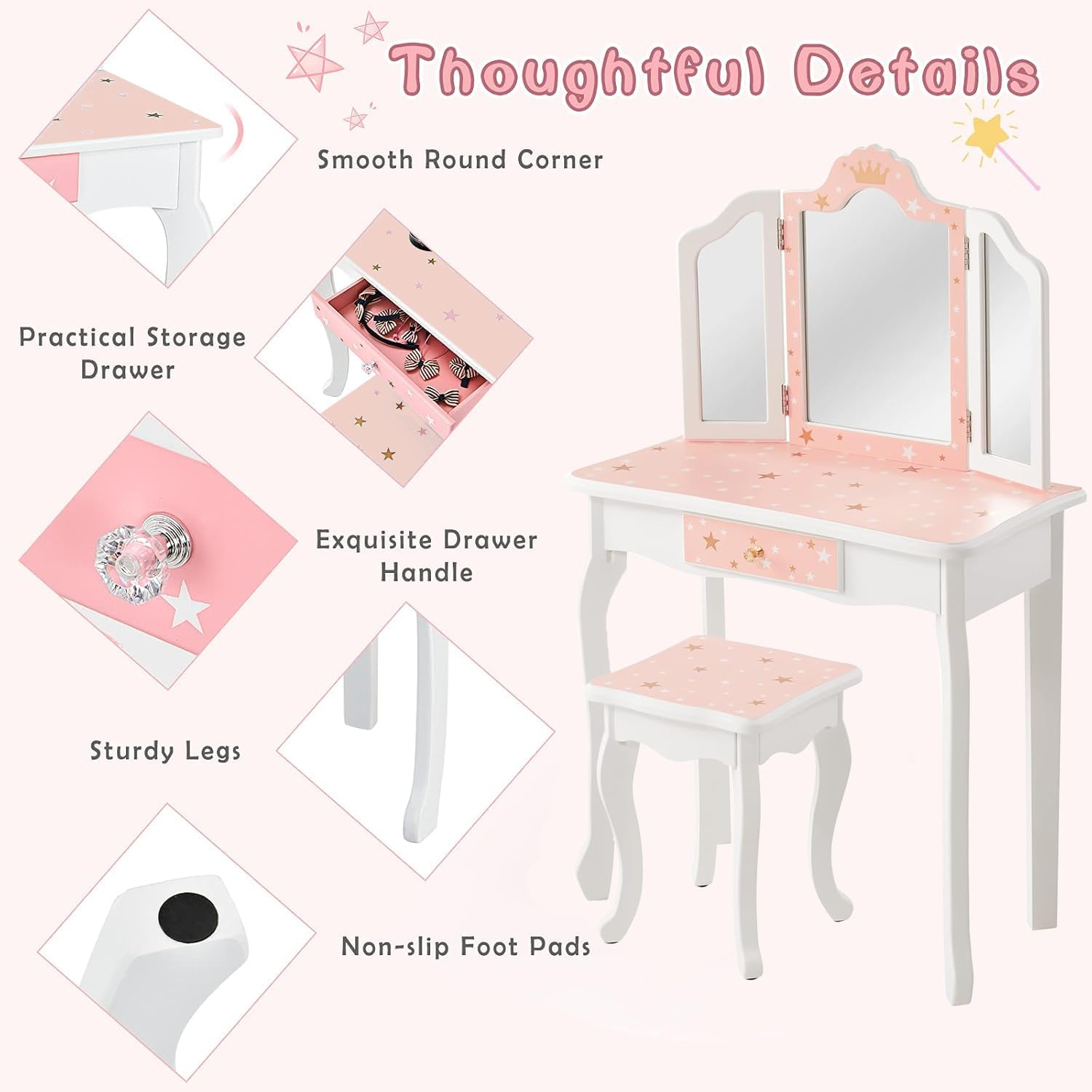 Kids Vanity Table and Chair Set, Princess Makeup Dressing Table with Detachable & Tri-Folding Mirror & Drawer, Anti-Tipping, 2 in 1 Kids Dresser for Kids Room, Christmas & Birthday image number 3
