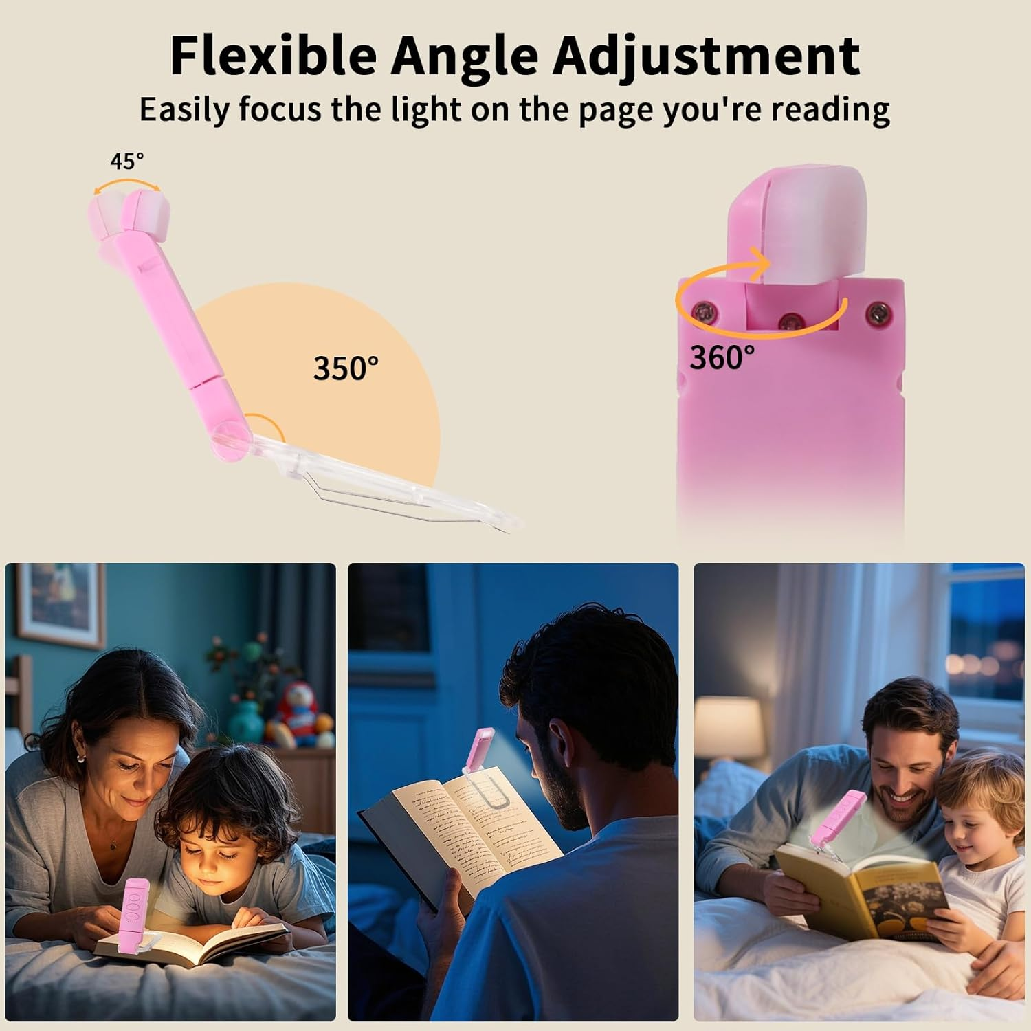 Bsdgeclogy Clip on Book Light, USB Rechargeable Reading Light with 3 Color Modes, 5 Brightness Levels, Flexible Clamp Arm for Bed and Travel(Pink, Clip On) - Blue image number 2