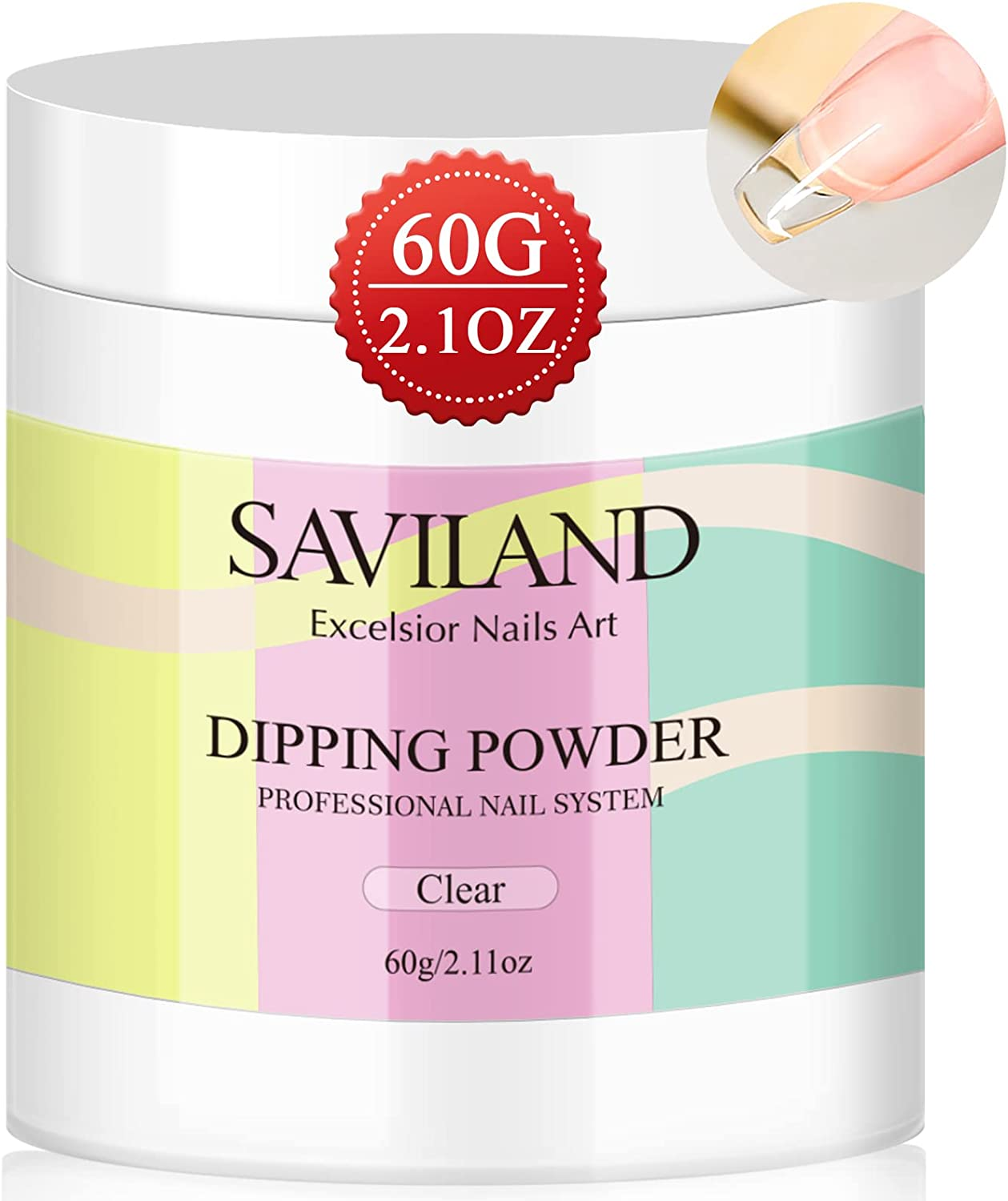 Saviland Clear Dip Powder - 2.1Oz Nail Dip Powder Dipping Powder for French Nail Art Starter Manicure, Strengthen Nail, Easy for Nail Beginners to Use No Nail Lamp Needed, Gifts for Women