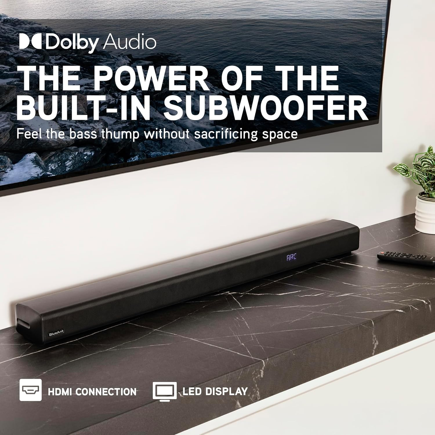 Blueant XT120 Soundbar with Internal Subwoofer, 120W Dolby Digital Surround Sound, HDMI ARC, Optical & Bluetooth, Sleek Under-Tv Home Theatre Audio System with EQ Modes