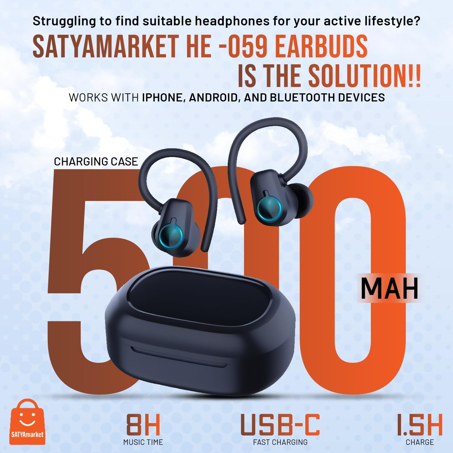 Satyamarket HE-059 Wireless Earbuds | Bluetooth 5.3 Sport TWS with Earhooks, Dual LED Display, Deep Bass Stereo Noise Cancelling, Works with Iphone, Android, and Bluetooth Devices - Black image number 2