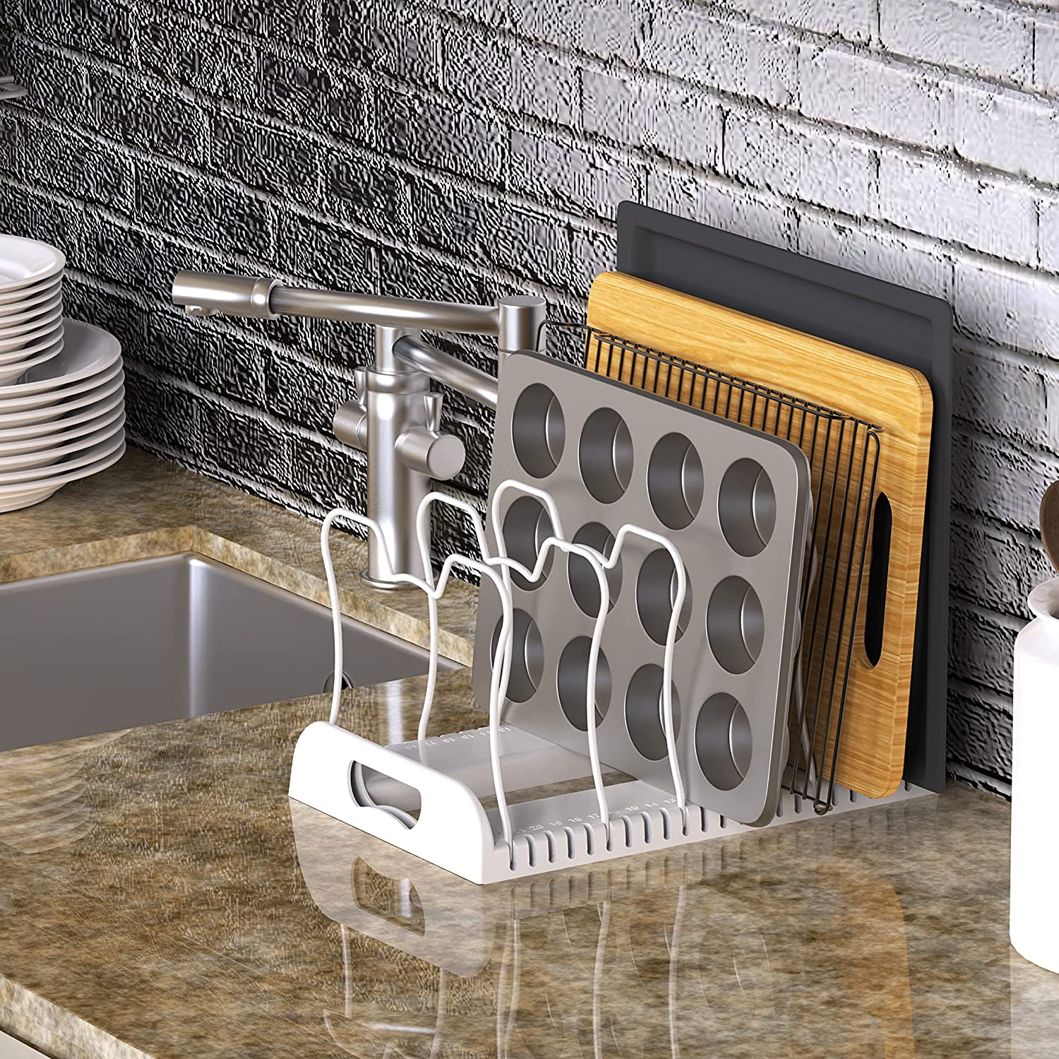 Simplehouseware Adjustable Pan Organiser Rack with 7 Compartments, White image number 1