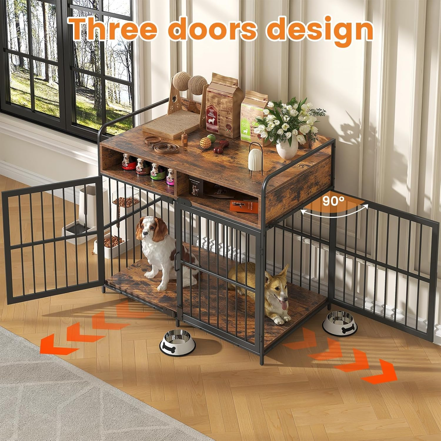 Koreal Dog Crate, 104Cm Width Dog Crate Furniture for Large Dogs, Heavy Duty Dog Kennel with 2 Drawers Storage, Wooden Dog Cage Indoor Dog House End Table for Dogs image number 6