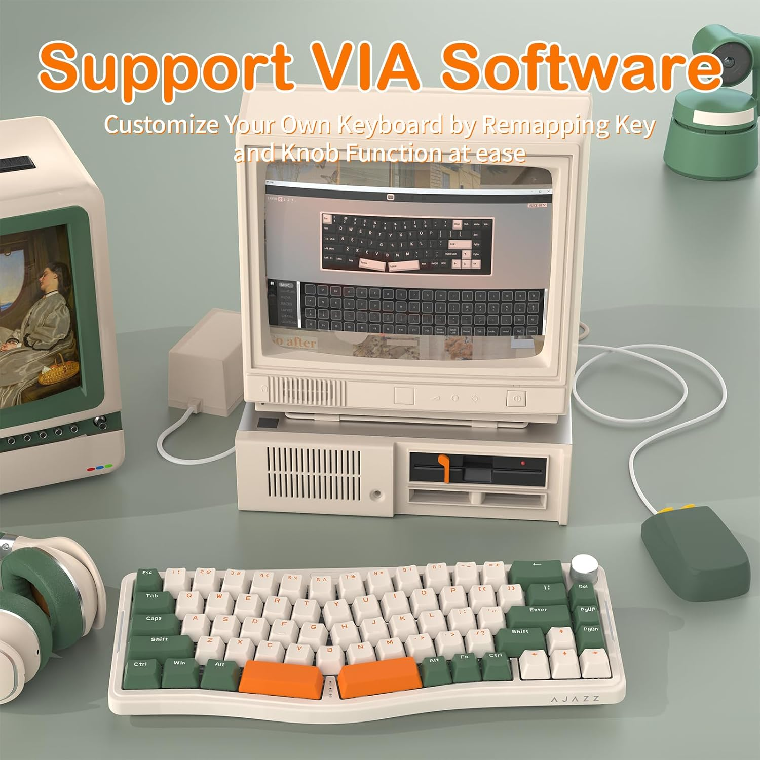 ATTACK SHARK AKS068 Wired Mechanical Gaming Keyboard 65% Alice Layout Hot-Swapped Gasket Mount with RGB Backlit via Programmable Knob NKRO TKL as Pre-Lubed Clicky Blue Switch for Win/Mac(Green) image number 5