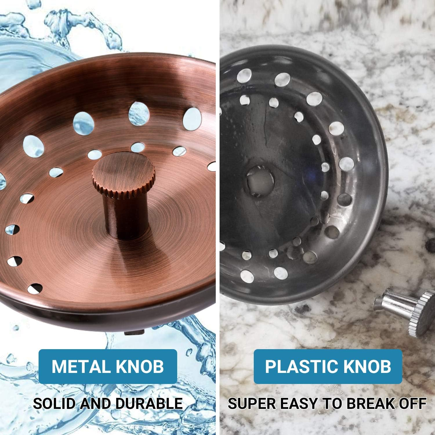 KONE Copper Kitchen Sink Strainer Basket, 2 Pcs Stainless Steel Antique Copper Sink Drain Strainer and Sink Stopper for Standard 3-1/2 Inch Sink Drain, with Metal Center Knob and Rubber Drain Stopper image number 6