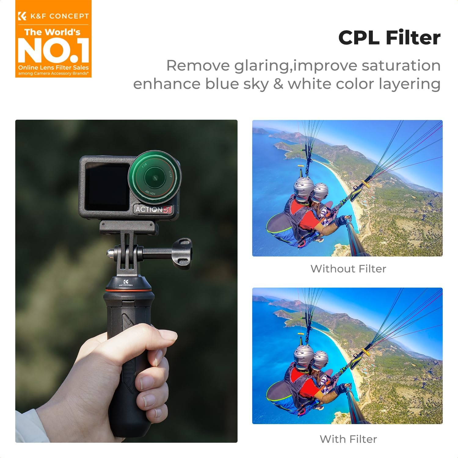 K&F Concept Push-In Fit CPL ND Filter Kit Compatible with DJI Osmo Action 5 Pro, 6 Pack CPL ND8 ND16 ND32 ND64 ND256 Polarizer Neutral Density Filter Set Multi Coated Waterproof image number 5