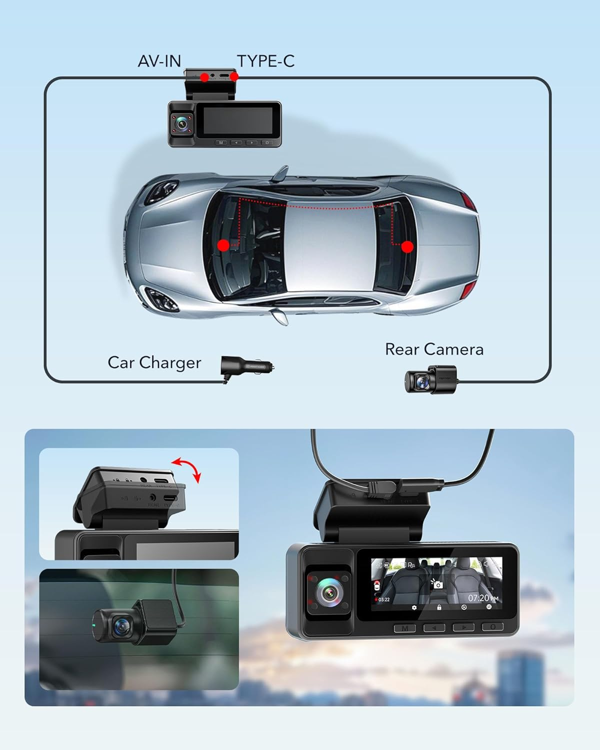 REDTIGER 2.5K 3 Channel Dash Cam with Wifi, 2.5K+1080P+1080P Dash Cam Front and Rear Inside, 3.18'' Screen, Included 32GB Card, IR Night Vision, Loop Recording, 24H Parking Mode, Support Max 256GB(A3) image number 2