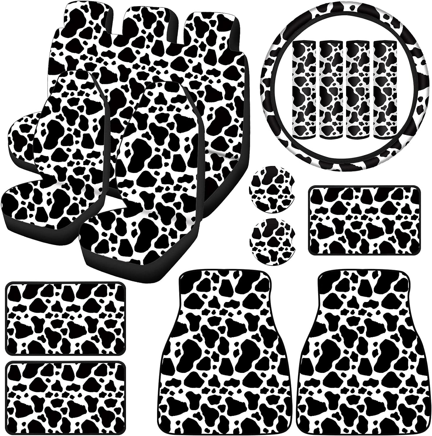 19 Pieces Cow Print Car Accessories Set for Women Man Cow Car Steering Wheel Cover Cow Print Seat Cover Seat Belt Pads Car Floor Mats Car Cup Holders Car Armrest Pad for Women Men Cars image number 2