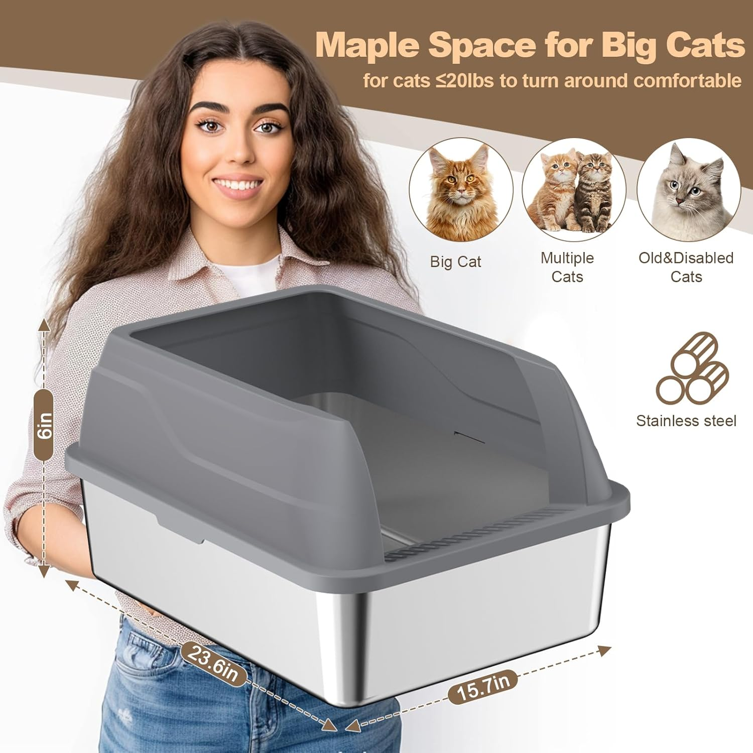 Amibud 2 Pack XL Metal Cat Litter Box with Lid Scoop-Extra Large Stainless Steel Litter Boxes for Big Cats, Kitty Litter Pan Tray Cat Toilet with High Wall Enclosure image number 3