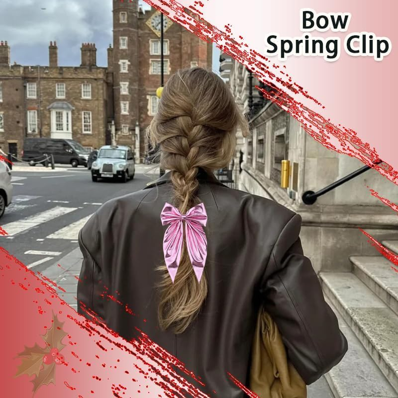 Pink Bow Hair Clip Barrette for Women Long Tail Bow for Girls Xmas Hair Accessories Decoration for Kids Granddaughter Christmas Birthday Gifts for Daughter Satin Bowknot Clips image number 3