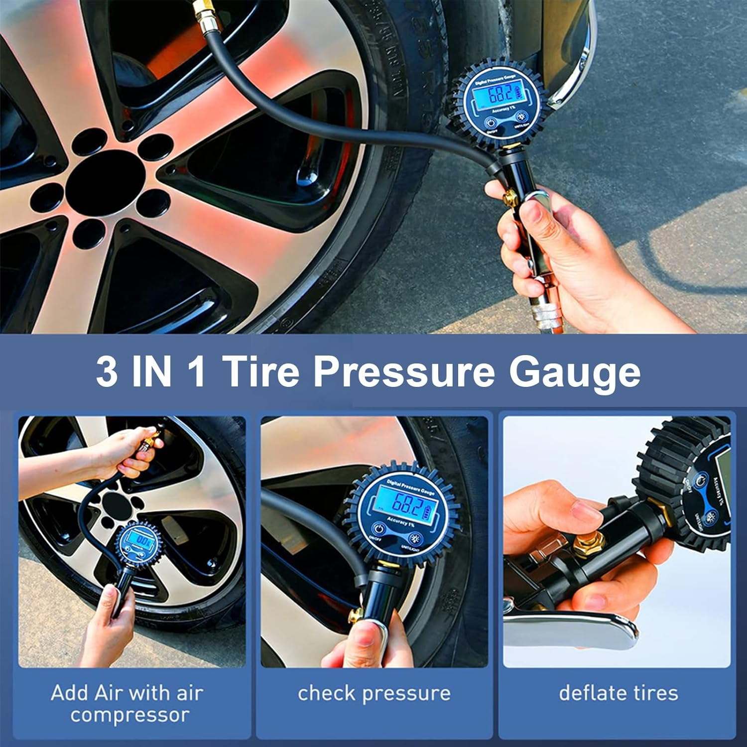 KOZTOL Digital Tire Pressure Gauge with Pressure Gauge, 200 PSI Heavy Duty Air Chuck and Compressor Accessories with Rubber Hose and Quick Connect Coupler, Portable Air Compressor image number 4