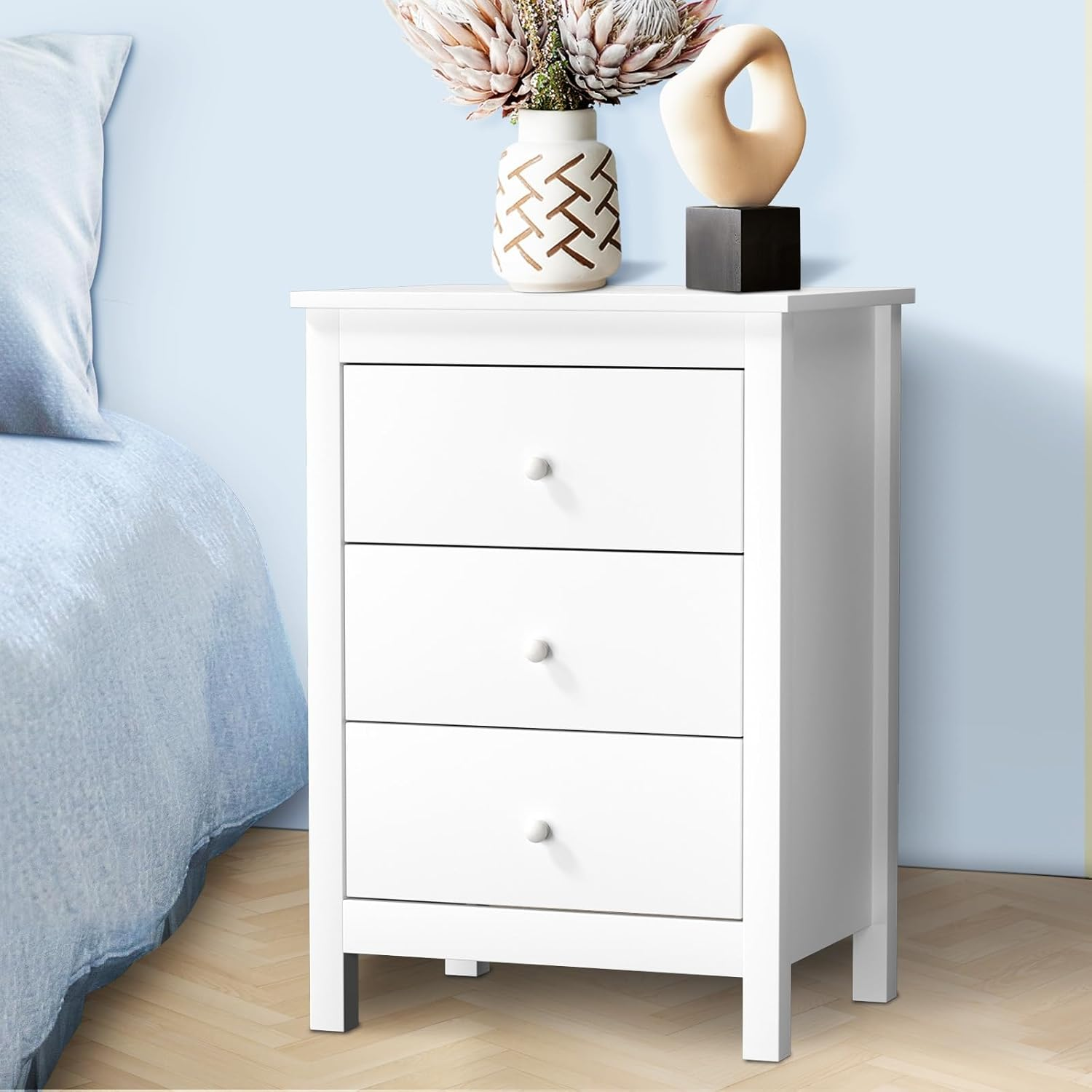 Oikiture White Bedside Table with 3 Drawers Wooden Bed Side Table End Table Nightstand image number 1