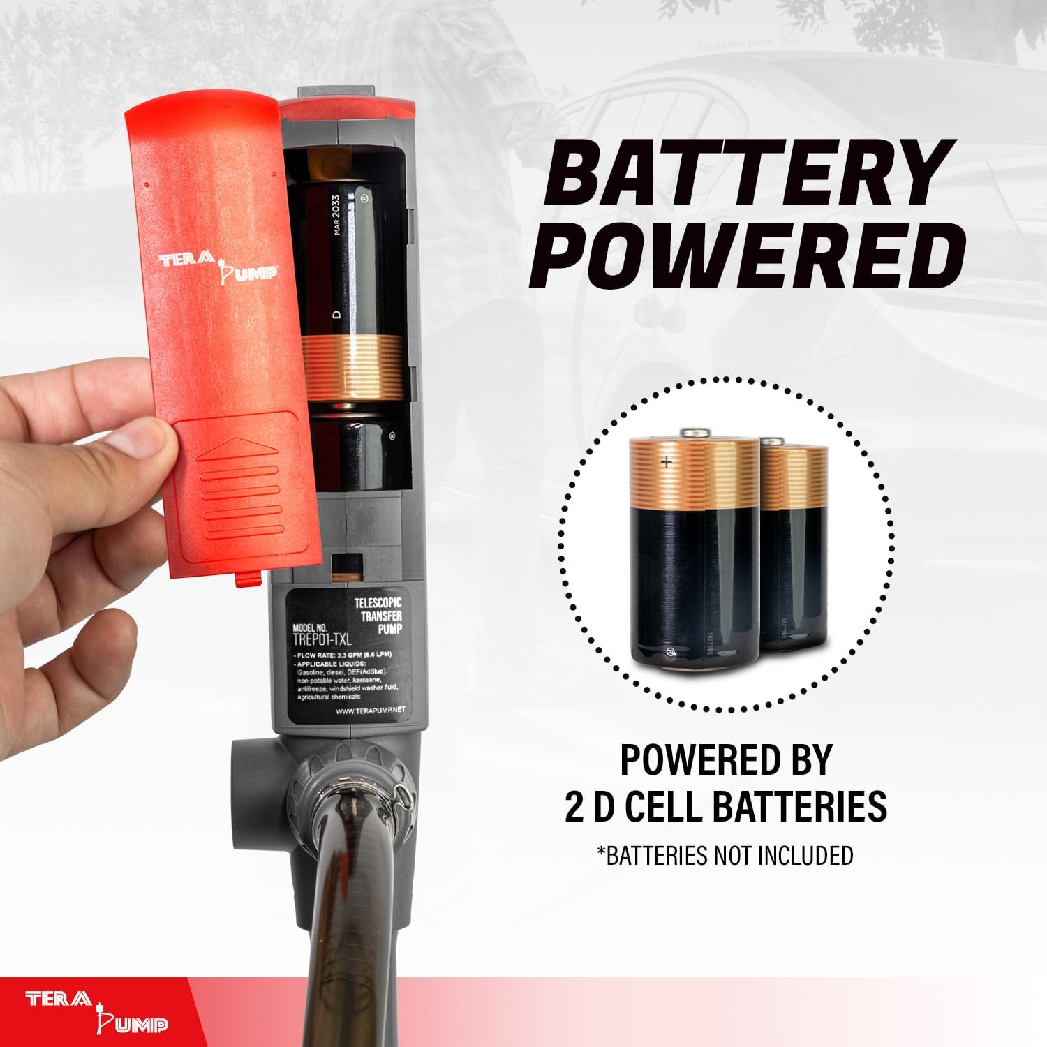 TERA PUMP 2Nd Gen. Battey Powered Portable Transfer Pump for Gasoline Diesel Water DEF Antifreeze (2.3 GPM, 10 Ft Vinyl Hose) with Flow Control and XL Suction Tube image number 6