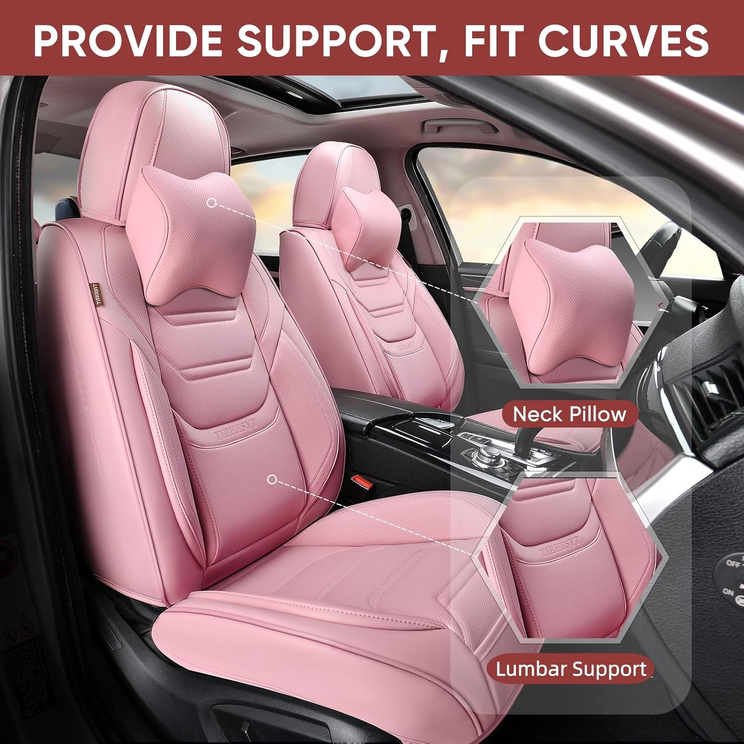 TIEHESYT Pink Car Seat Covers Front Pair, Breathable Leather Automotive Front Seat Covers & Headrest, Auto Seat Cover, Compatible with Most Cars Sedans SUV Pickup Trucks image number 2