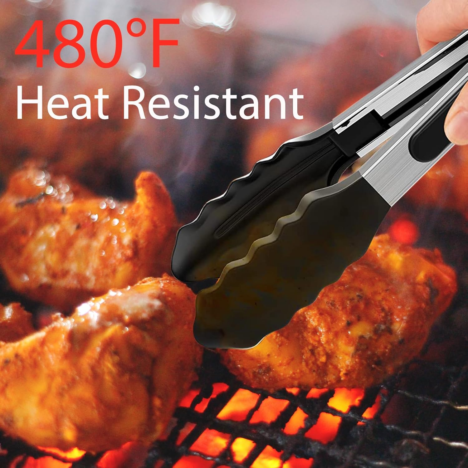 Kitchen Tongs Heat Resistant 480℉ - Set of 3 (7", 9" & 12"), Premium Stainless Steel Locking Cooking Tongs with Silicone Tips - Non-Stick & Non-Slip, Heavy Duty Food Tongs for Cooking, BBQ, Black image number 1