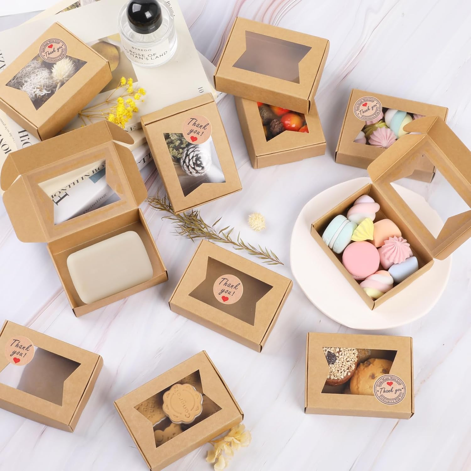 40PCS Mini Kraft Paper Boxes,Geeric Soap Gift Box with Clear Windows 9.7*7*3CM Small Bakery Box Present Treat DIY Essential Oil Candles Cookie Boxes for Candy,Chocolate,Jewelry,Wedding Party Favor image number 2
