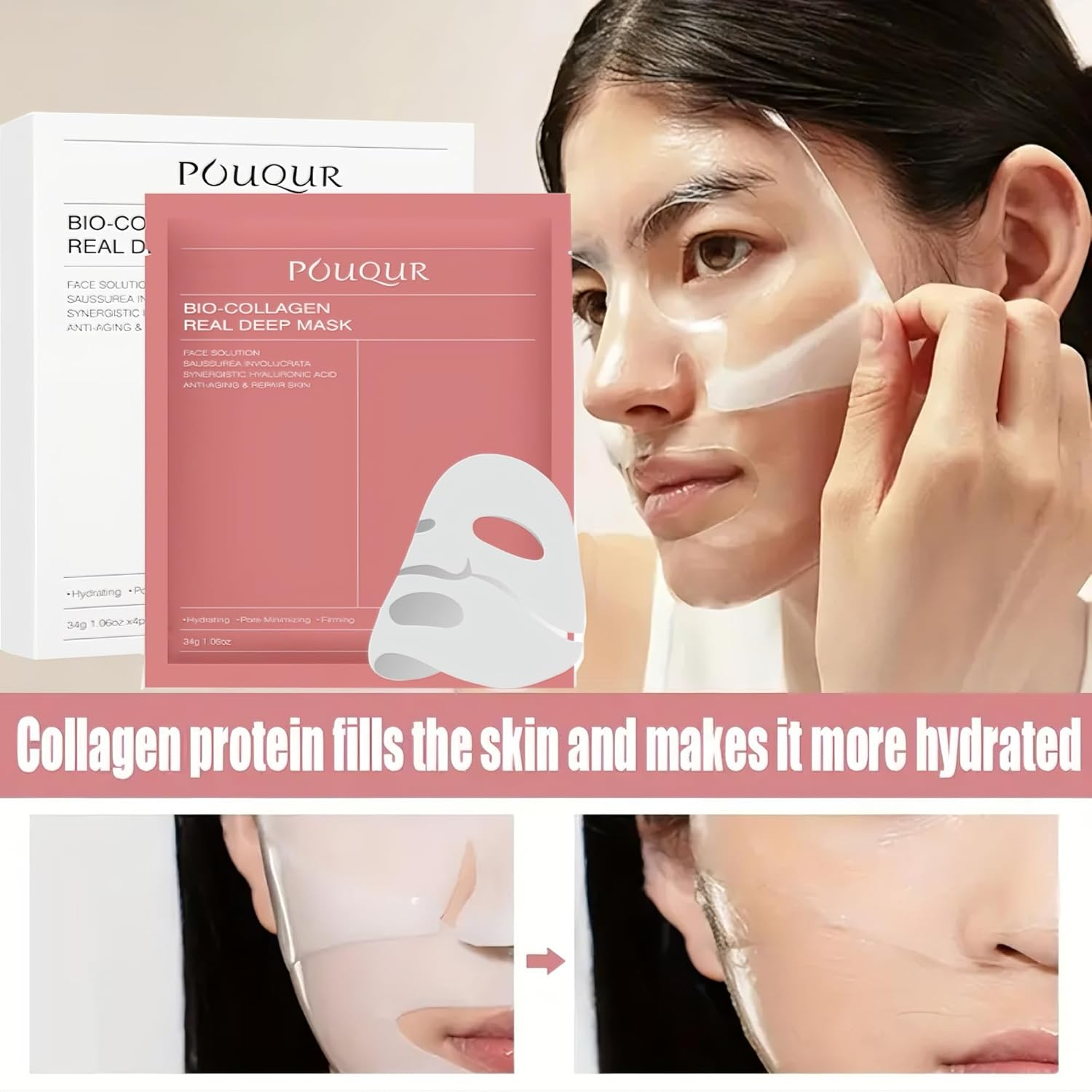 8Pcs Collagen Mask, Hydrating Overnight, Bio-Collagen Sheet Mask for All Skin Types Anti-Aging - Minimize Wrinkles & Boost Elasticity, Plump Skin Treatment image number 2