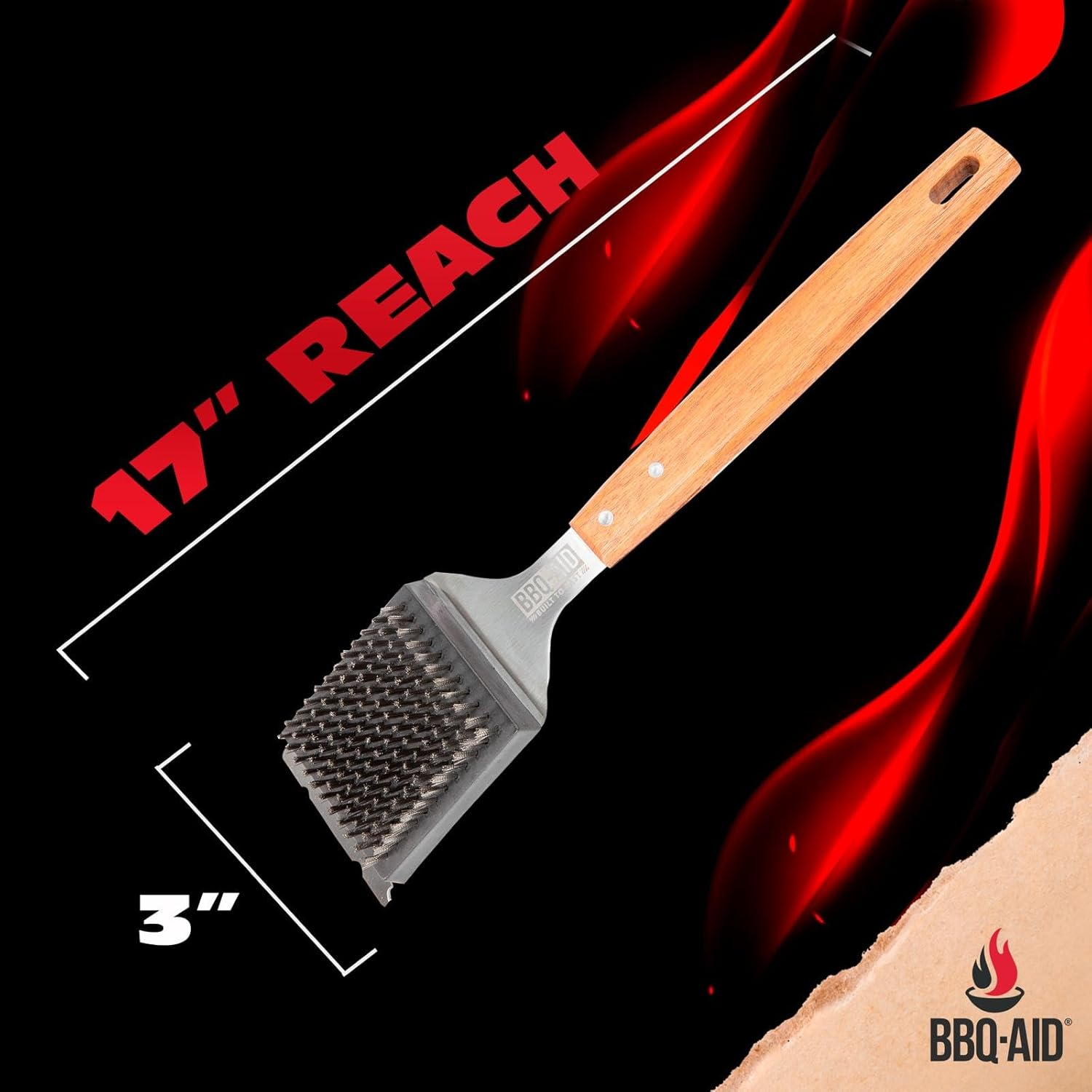 Bbq-Aid Barbecue Grill Brush and Scraper ? Extended Large Wooden Handle and Stainless Steel Bristles ? No Scratch Cleaning for Any Grill: Char Broil & Ceramic ? image number 3