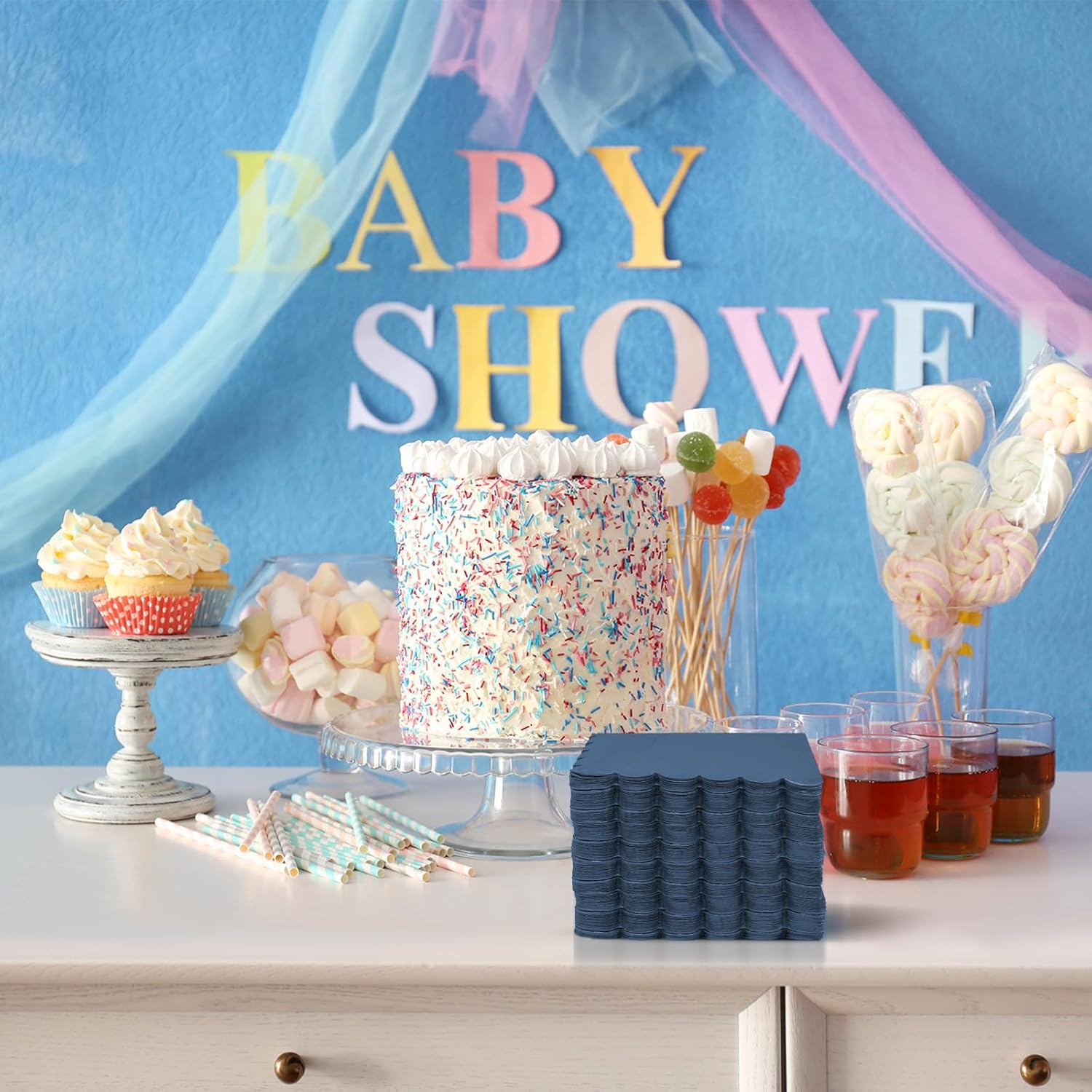 Fuutreo 100 Pcs Scalloped Cocktail Napkins Thick Paper Disposable Party Napkins Beverage Tissue for Wedding Dinner Birthday Supplies, 5 X 5 Inches(Navy Blue) - Light Blue image number 6