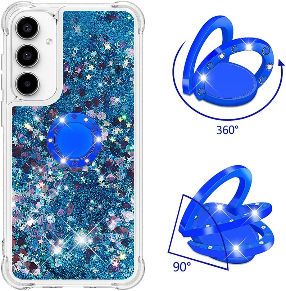 QIWEIQING Case for Samsung Galaxy A55 5G Protective Case with Liquid Glitter, Mobile Phone Case with Glitter Liquid, TPU Silicone with Ring Stand Protective Case for Samsung A55 5G. Blue YBH