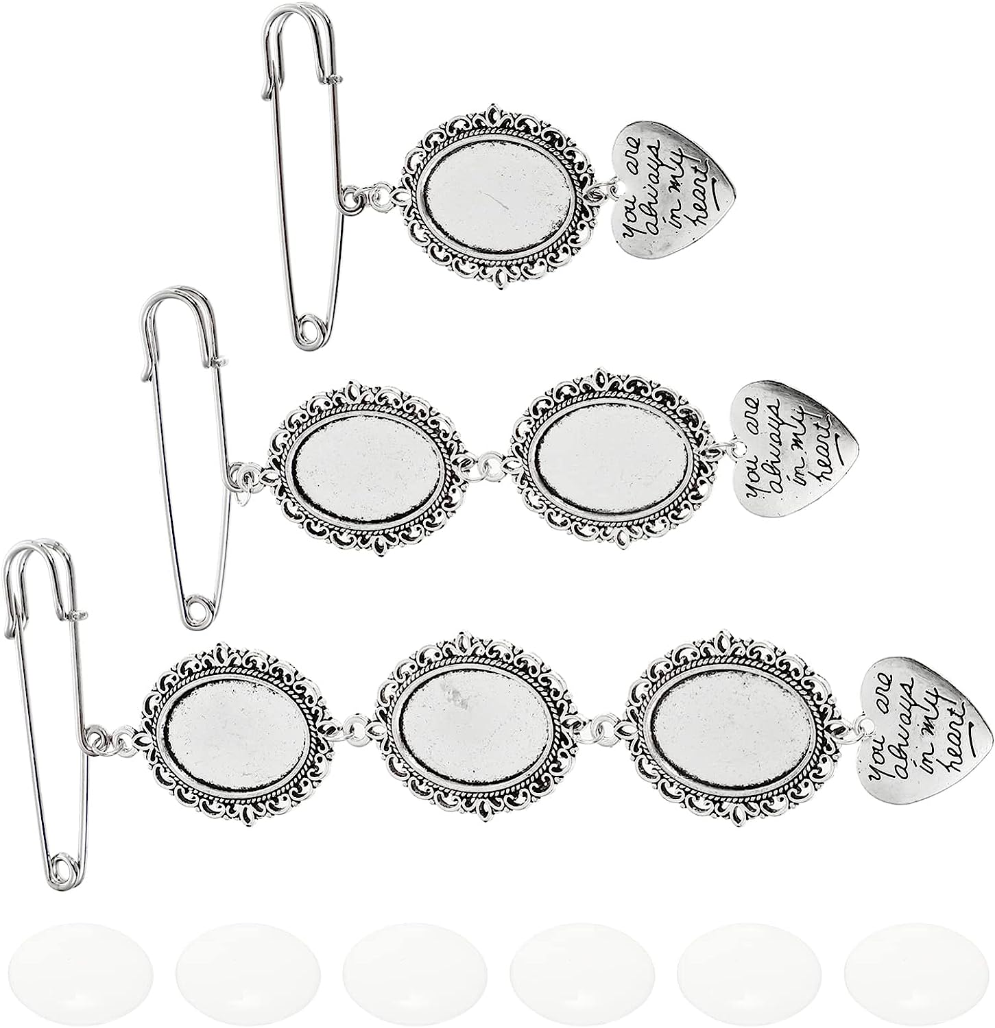 Wedding Bouquet Photo Charms Set: Lacy Oval Frame Bridal Charm DIY Pin Brooch Making Kit Memorial Bride Angel Pendant You Are Always in My Heart Charm for Bridal Shower Bachelor Party image number 1