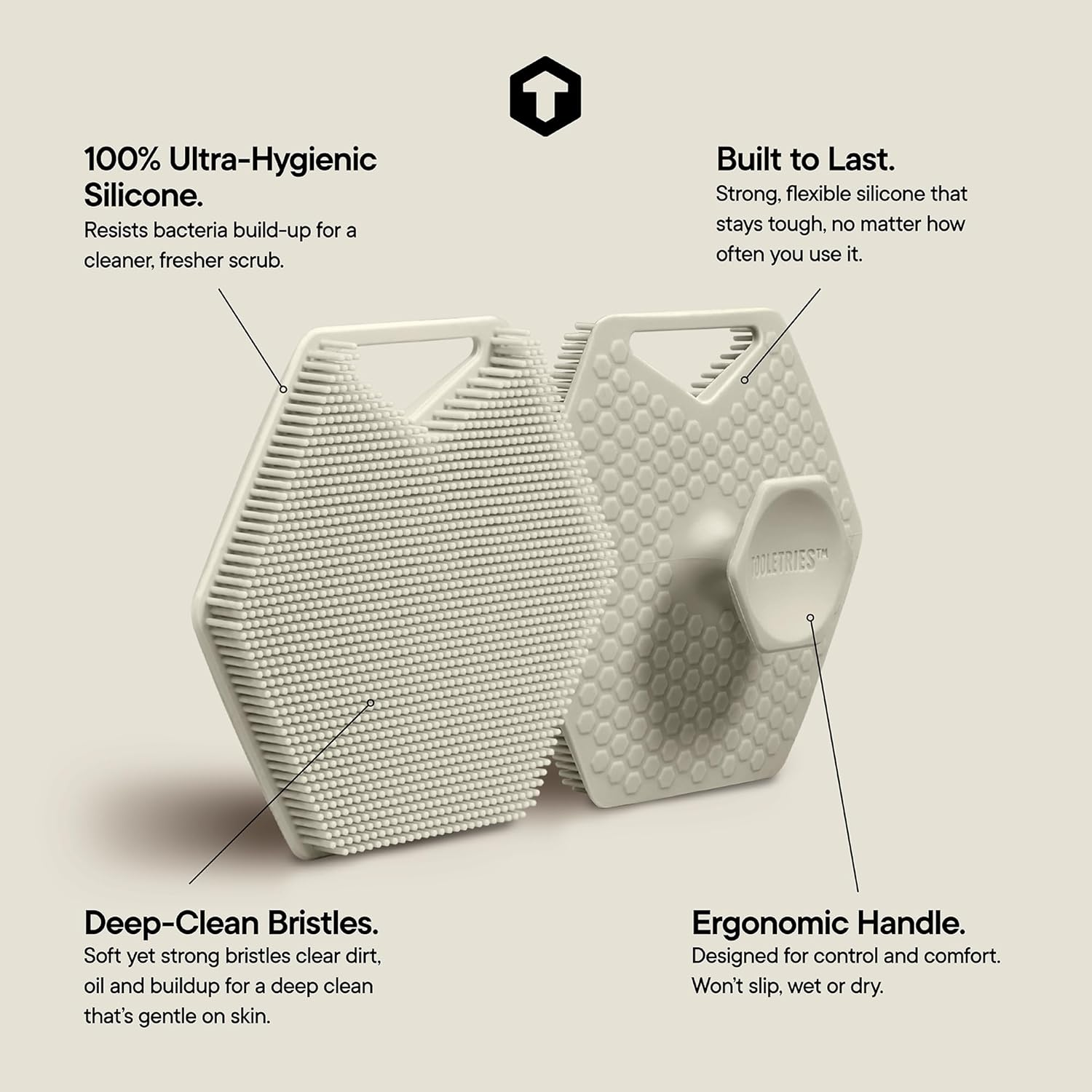 TOOLETRIES Body Scrubber 2.0 &ndash; Premium Silicone Scrubber for Cleaning, Exfoliating Your Skin &ndash; Extra Long Lather Boosting Bristles with Ergonomic Handle, Long-Lasting & Easy to Clean - Sand