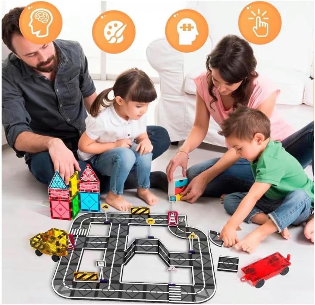 Magnetic Tiles Road Set for Kids, 41 PCS Magnetic Building Blocks with Car Toys, Construction Magnetic Blocks Toys, Boys Gifts image number 2