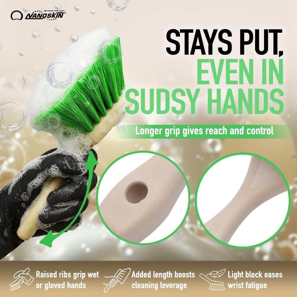 Nanoskin Pro-Grade 8.5" Car Detailing Brush - Durable Green Polystyrene Flagged Bristles, Acid Resistant, Gentle Surface Cleaning, Auto Wash, Tire & Wheel Scrub, Professional Automotive Detailer Tool image number 6