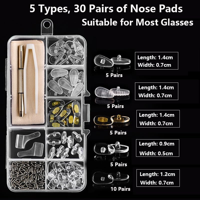 Vekol Eyeglass Nose Pads, 30 Pairs Sunglass Nose Pads Replacement Repair Tools Kit, Eyeglass Repair Kits with Eyeglass Screwdriver, Tweezers, Glasses Cloth, Small Screws for Glasses and Sunglasses (Set 1 - 30 Pairs)