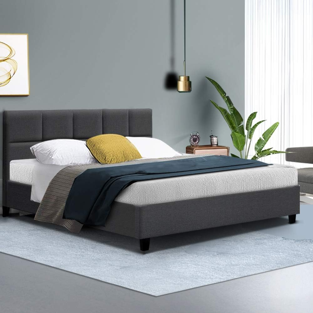 Artiss Queen Bed Frame Platform Checkered Headboard Wooden Beds Base Frames Bedroom Room Decor Home Furniture, Upholstered with Charcoal Faux Linen Fabric + Foam + Wood, Modern Design image number 3