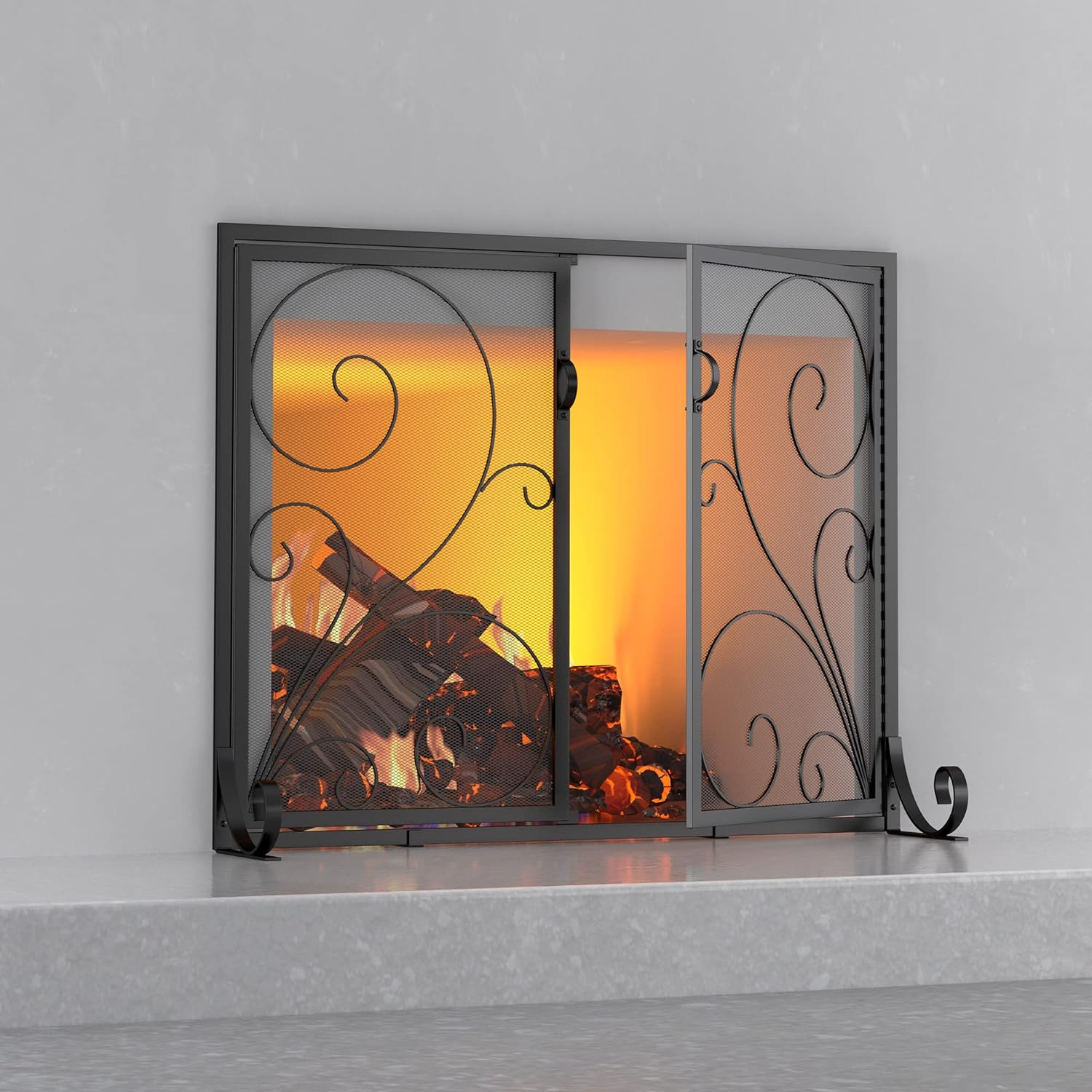 Fire Beauty Fireplace Screen with Doors, Handcrafted Solid Steel, Heavy Duty Metal Mesh, Powder Coat Finish, Spark Guard image number 3