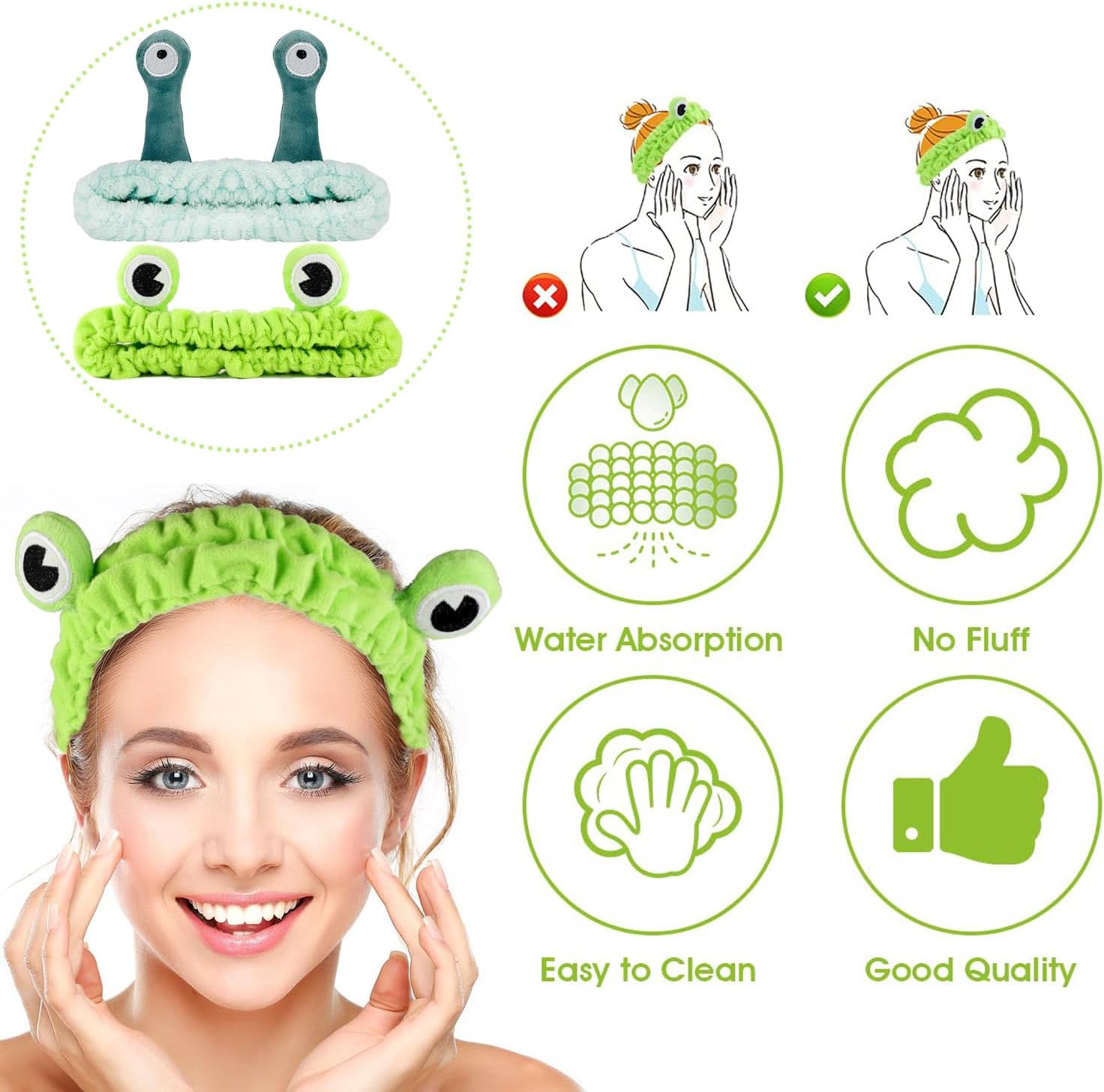 AOOTUERL 2 Pcs Skincare Headband, Cute Frog Headband and Snail Headband Headband, Funny Hair Bands for Makeup Shower Face Washing Skincare Sports Cute Plush Hair Hoop image number 6