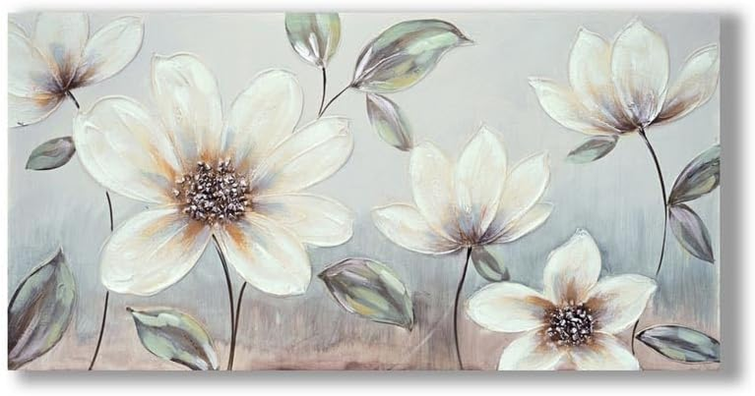 LYLAC Floral Canvas Wall Art, White FLOWERS Painting, 60 X 120 X 3 Cm
