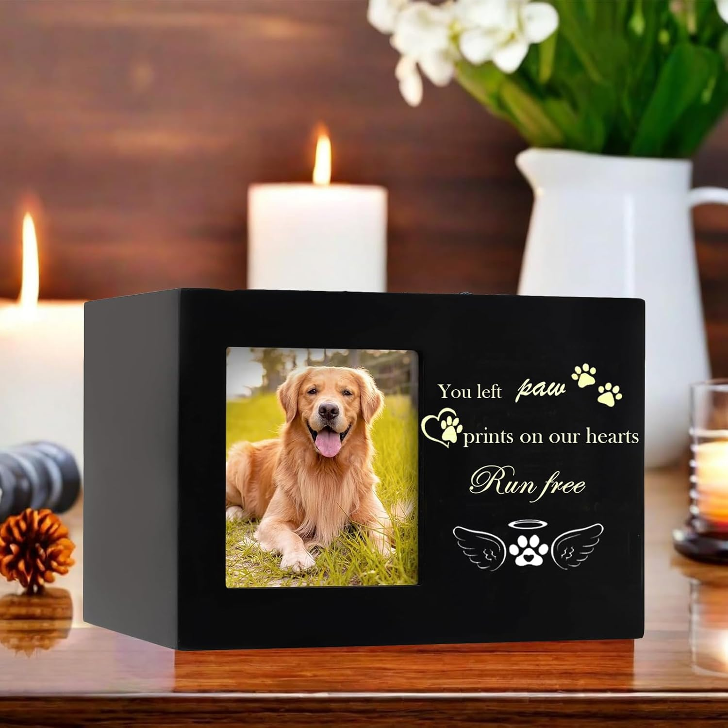 Pet Urns for Dogs or Cat Ashes, Large Wooden Dog Memorial Cat Dog Urn, Urne Pour Chien Pet Sympathy Gifts Black Wooden Box with Pet Memorial Pictures Frame Pet Memorial Keepsake (L,18 * 12 * 12Cm) image number 1
